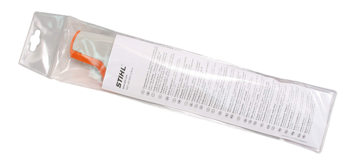Stihl compact handheld sharpener in use for quick roadside maintenance