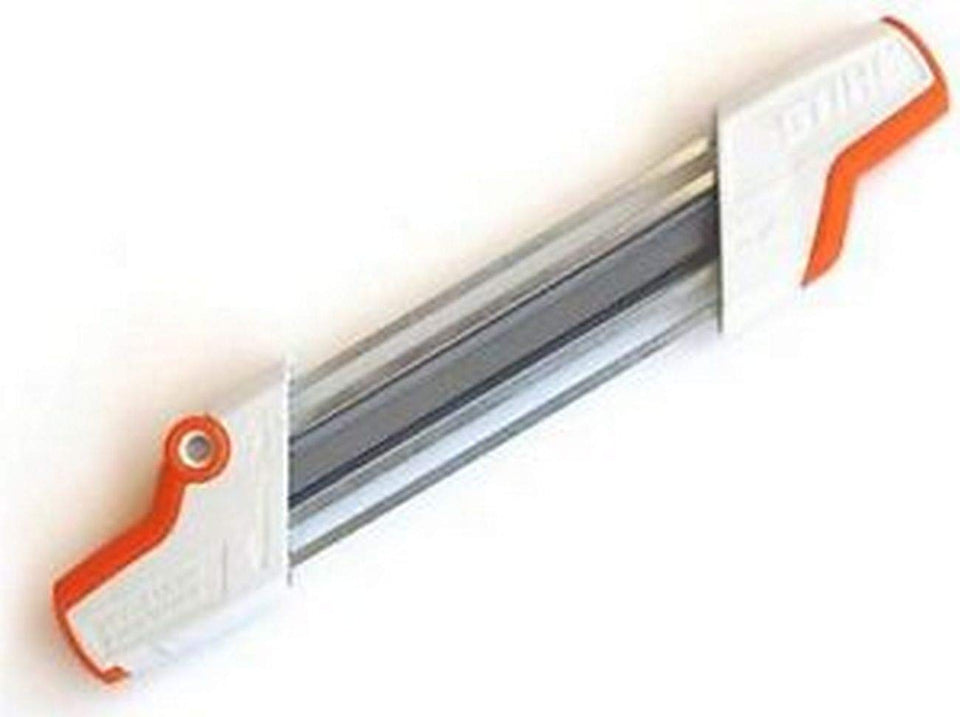 Stihl 2-in-1 file holder for chainsaws with on-site filing capability.