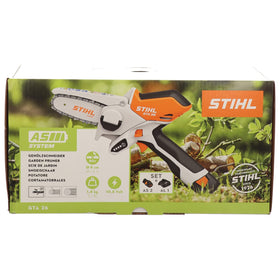 Stihl GTA 26 wood cutter in action for efficient pruning and small logs.