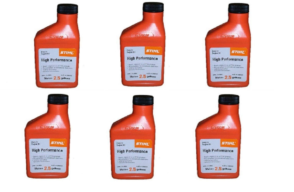 Stihl high-performance 2-cycle oil bottle, 6.4oz, pack of 6, ideal for professional chainsaws.
