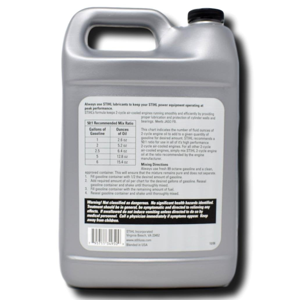 Stihl HP Ultra 2-Cycle oil fuel-mix container demonstrating fueling and stability benefits