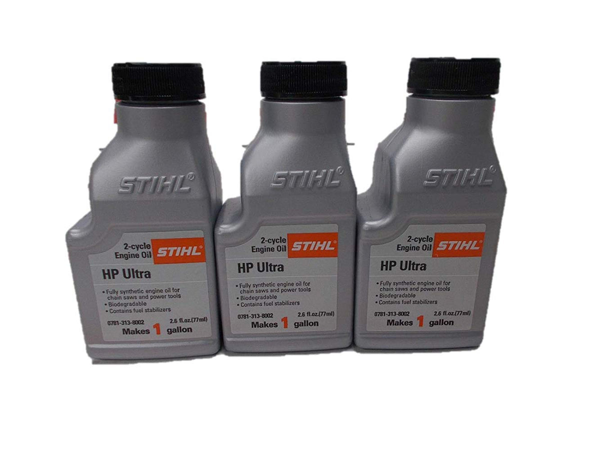 Stihl HP Ultra 50:1 oil bottle in a 3-pack for reliable premix in 2-cycle engines.