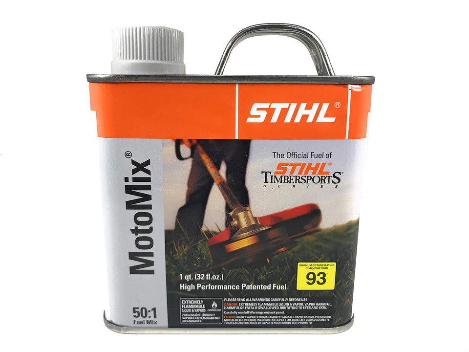 STIHL MotoMix 50:1 premixed fuel bottle close-up, no ethanol for stable storage.