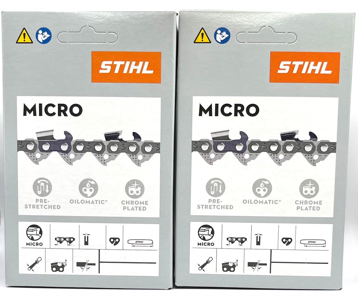 Stihl Picco Mini Oilomatic chain close-up showing 55 drive links for precise cutting.