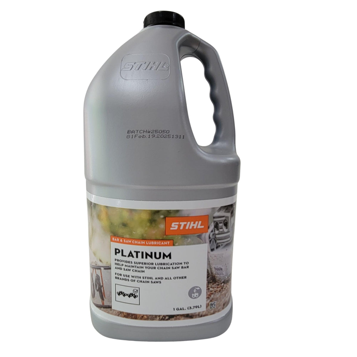 Stihl Platinum lubricant, 1 gallon bottle, maintains high-speed lubrication for chainsaws.