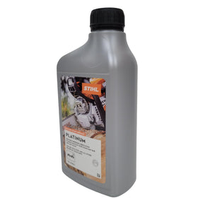 Stihl Platinum label closeup shows refined oils for lubrication