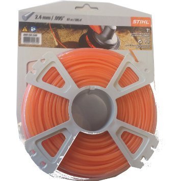 Stihl premium round trimmer line 2.4mm, orange color for visibility during trimming.