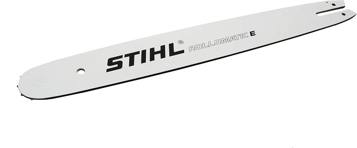 STIHL Rollomatic E Bar 18-Inch durability test image emphasizes trusted steel quality.