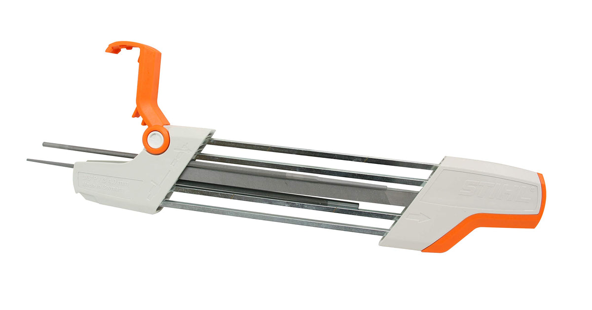 Stihl two-in-one file holder closeup enabling dual sharpening and gauge adjustment