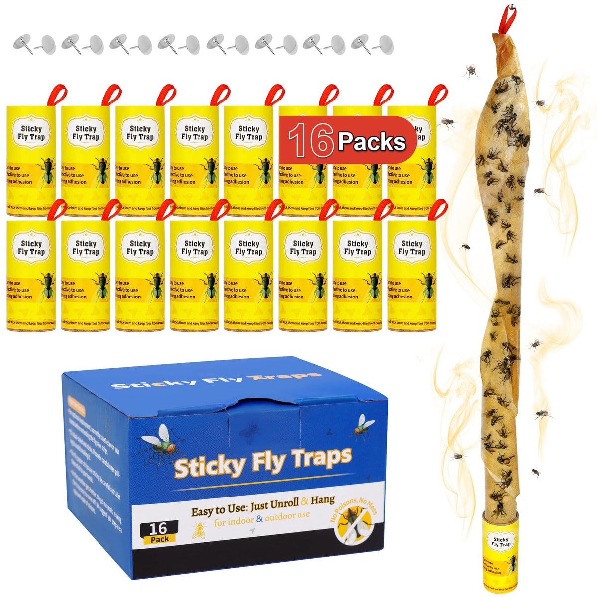 Stingmon 16-pack fly trap indoor/outdoor roll traps flies with ultra-sticky glue for reliable control.