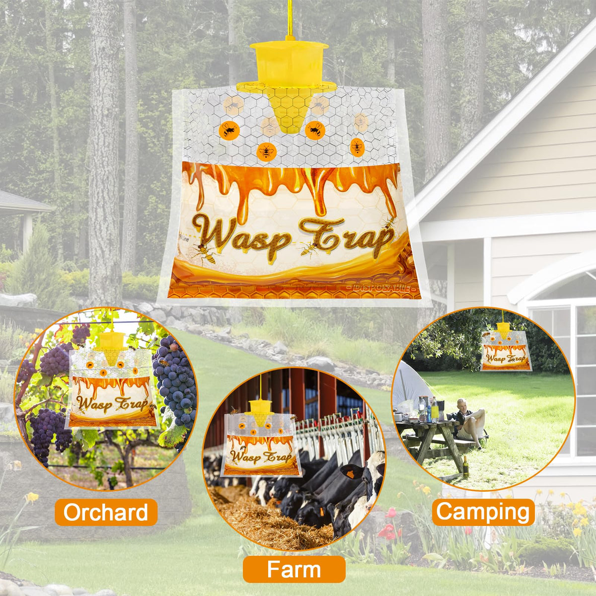 Stingmon easy-hang wasp traps outdoors ideal for fences or trees.
