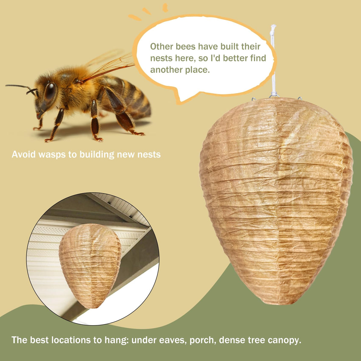 Stingmon hornet nest decoy on patio eaves reduces wasp activity.
