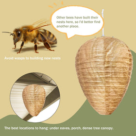 Stingmon hornet nest decoy on patio eaves reduces wasp activity.