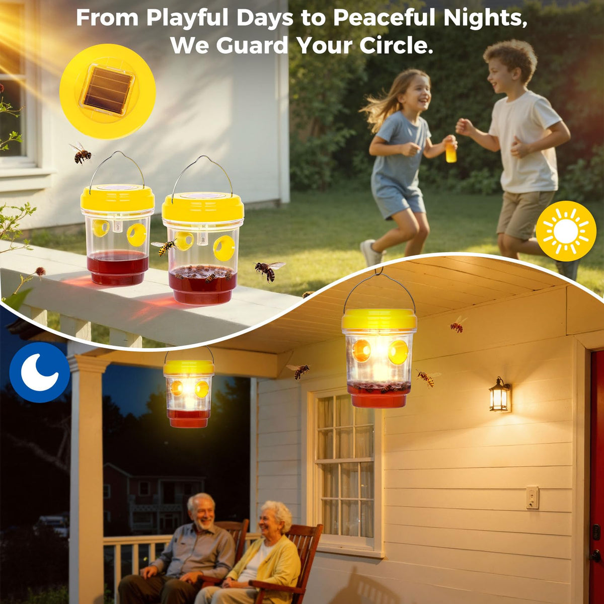 Stingmon solar-powered-wasp-trap provides day and night attraction for insects.