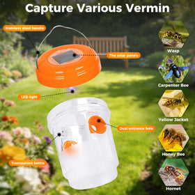 Stingmon solar powered wasp trap with UV light attracts insects at night.