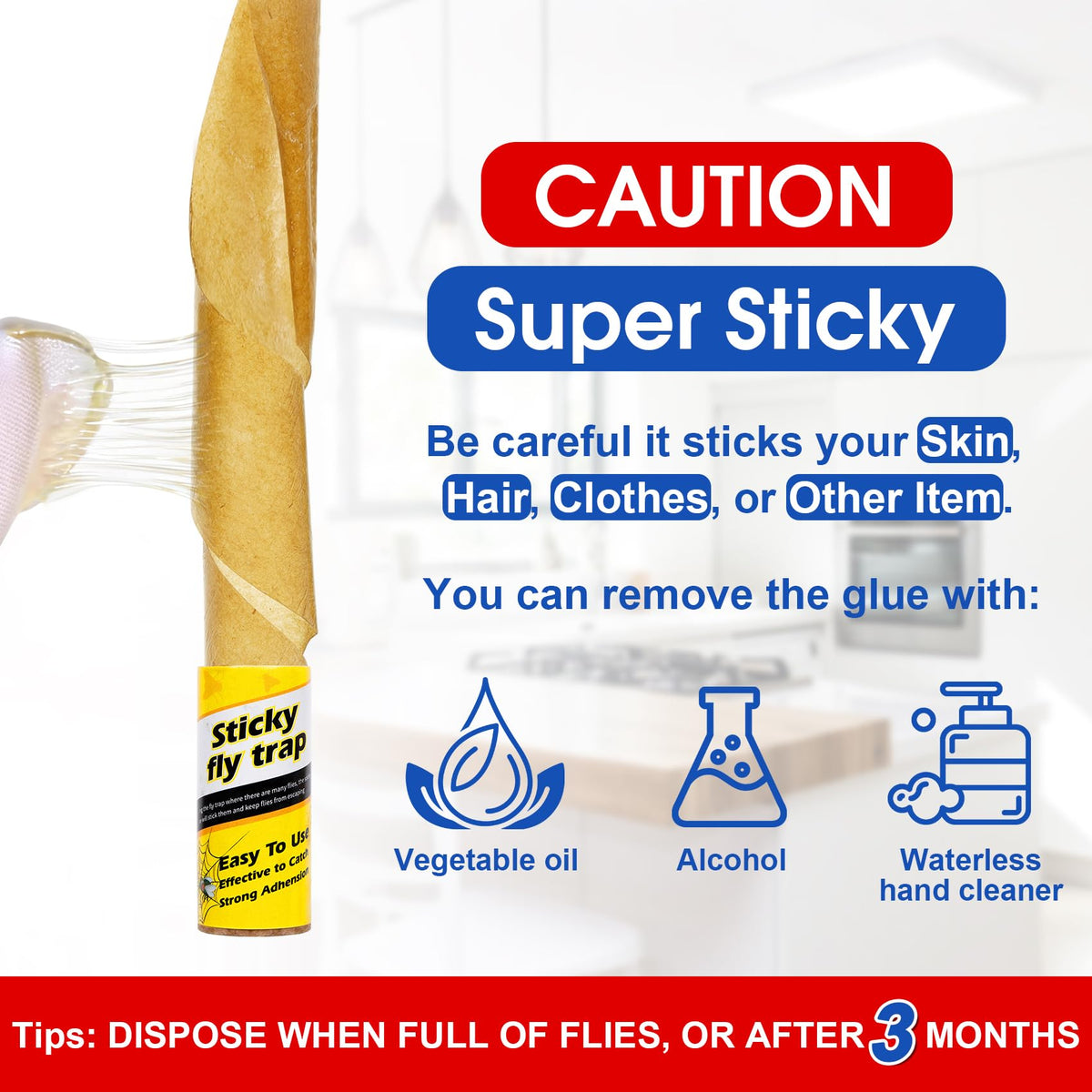 Stingmon sticky fly paper note about heat sensitivity and safe removal.