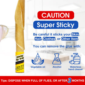 Stingmon sticky fly paper note about heat sensitivity and safe removal.