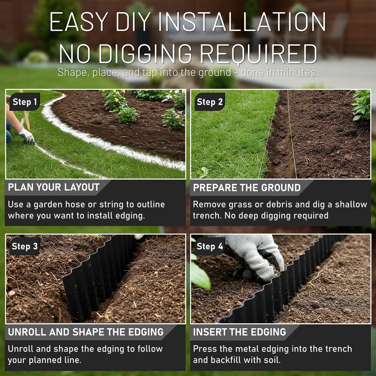 STIRLINGEAR galvanized steel edging installed with stakes for a sturdy DIY border.