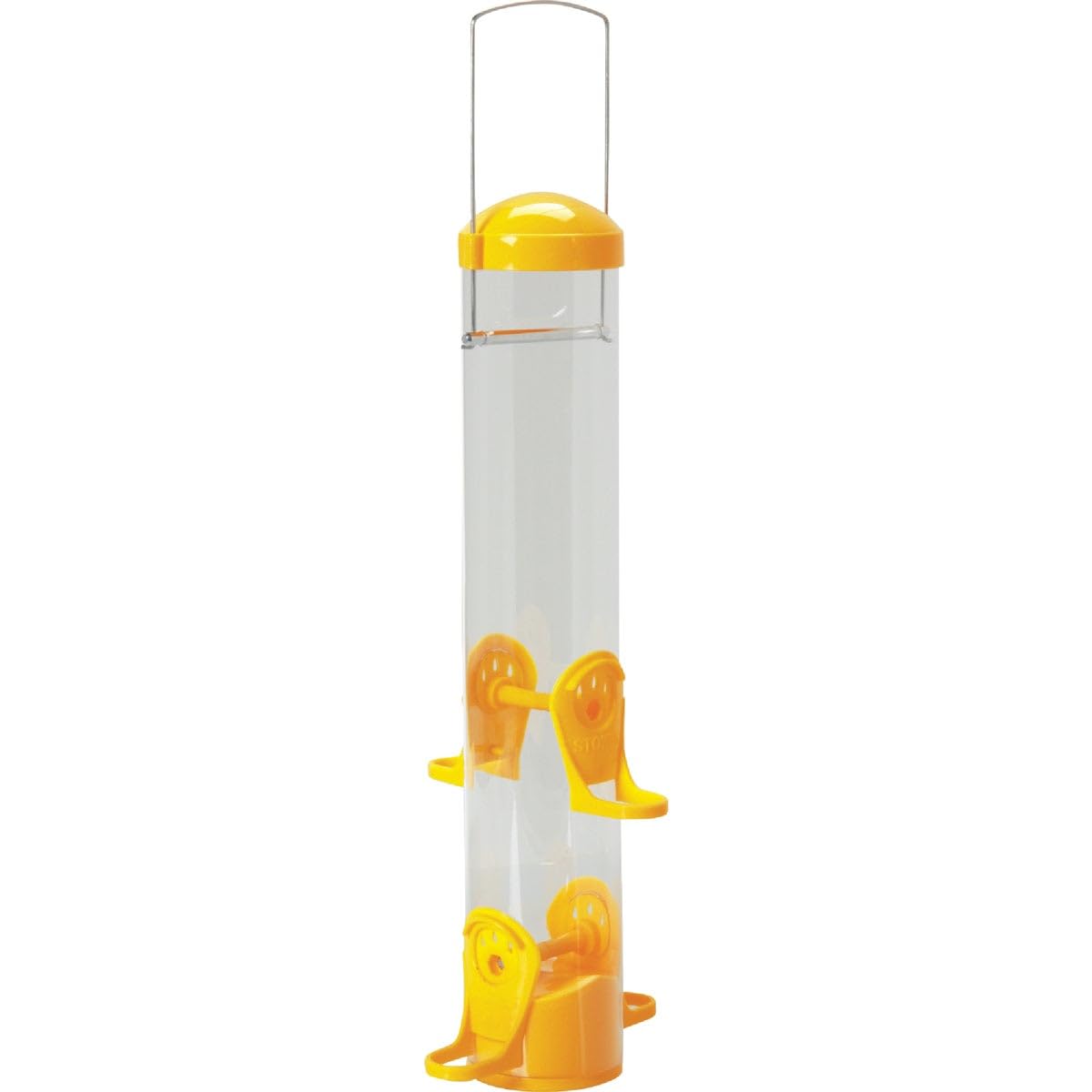 Stokes Select thistle tube feeder in yellow attracts goldfinches.