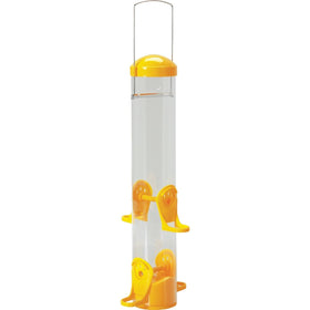 Stokes Select thistle tube feeder in yellow attracts goldfinches.