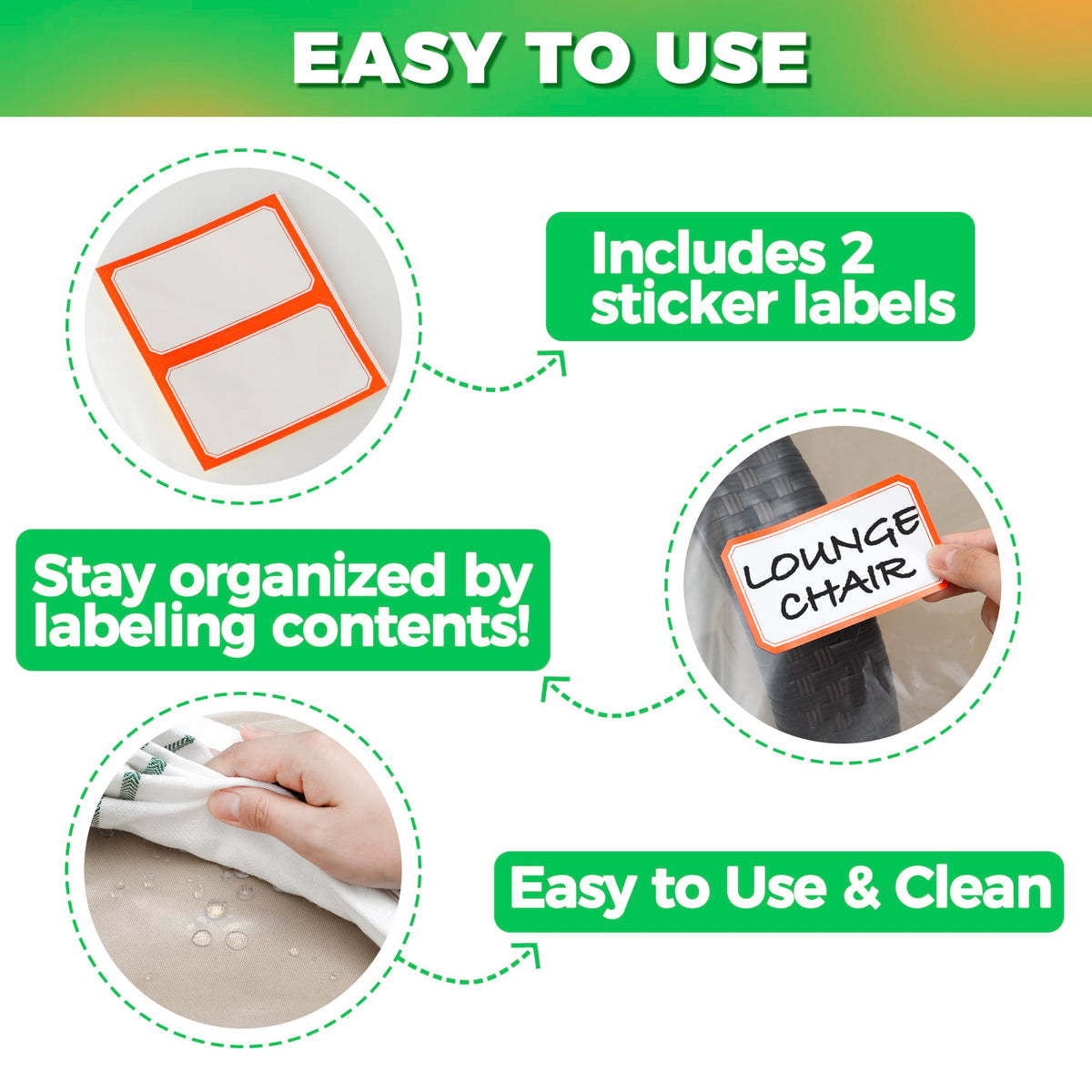 Storage Standard transparent material with sticker label supports quick organization and ID.