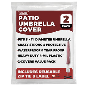 Storage Standard heavy-duty 4mil plastic umbrella cover shields against rain and wind during storage.