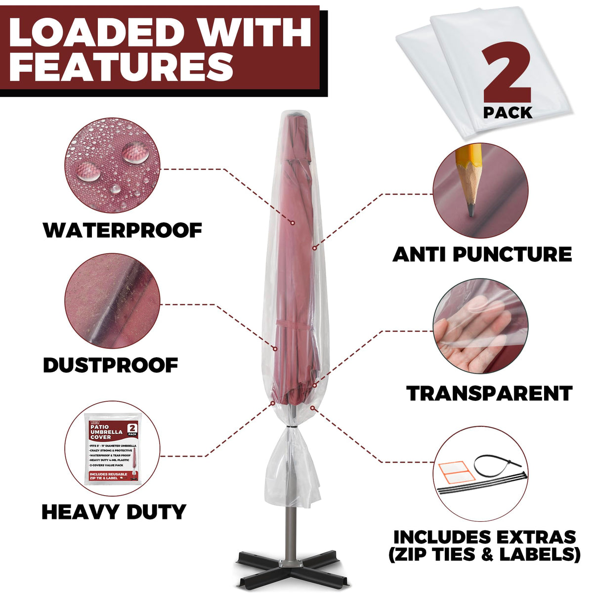 Storage Standard 2-pack umbrella cover set with zip ties for secure, organized storage.