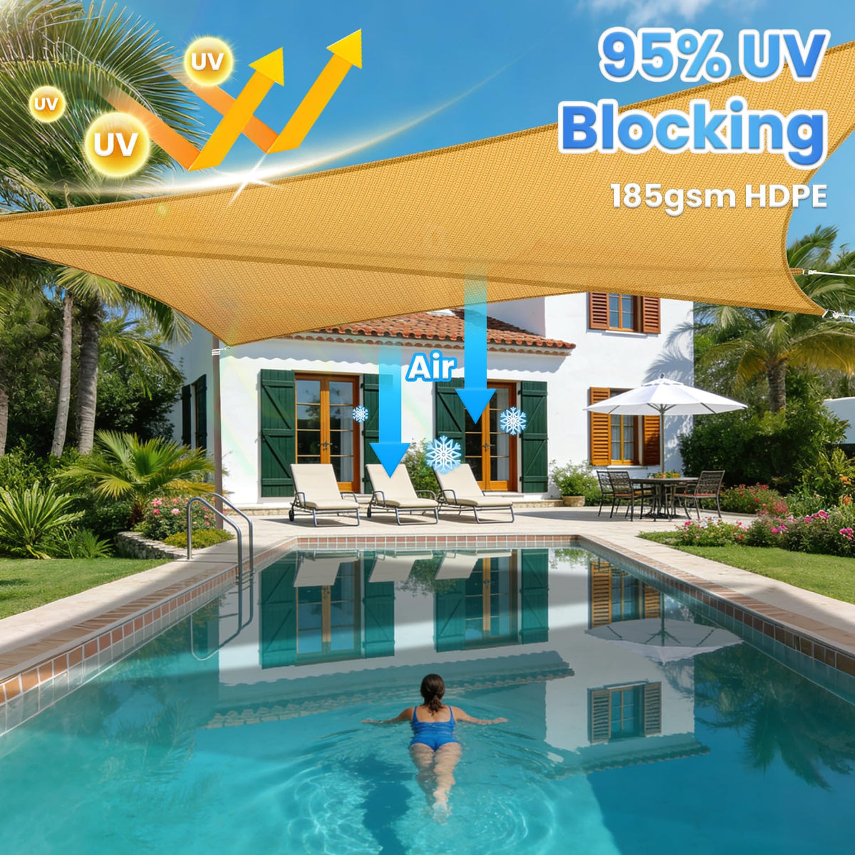 StorageTastic shade sail with D-rings and ropes ensures secure installation in windy conditions.
