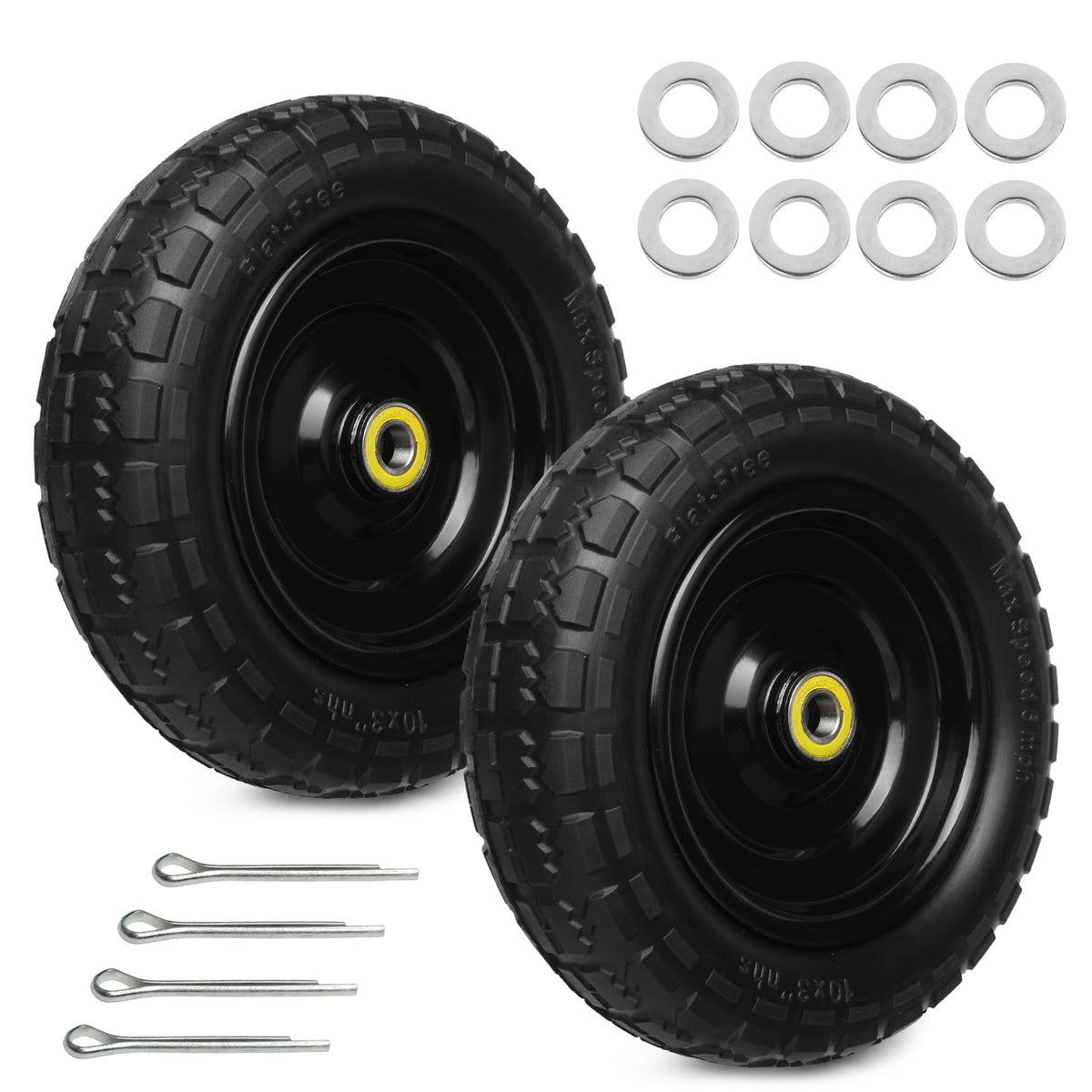 Storystore 10-inch solid rubber tire showing puncture-guard design for durable, worry-free transport.