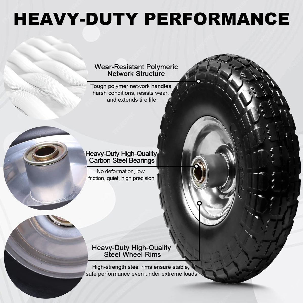 Storystore solid rubber tire performs reliably on rough surfaces and gravel.