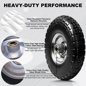 Storystore solid rubber tire performs reliably on rough surfaces and gravel.