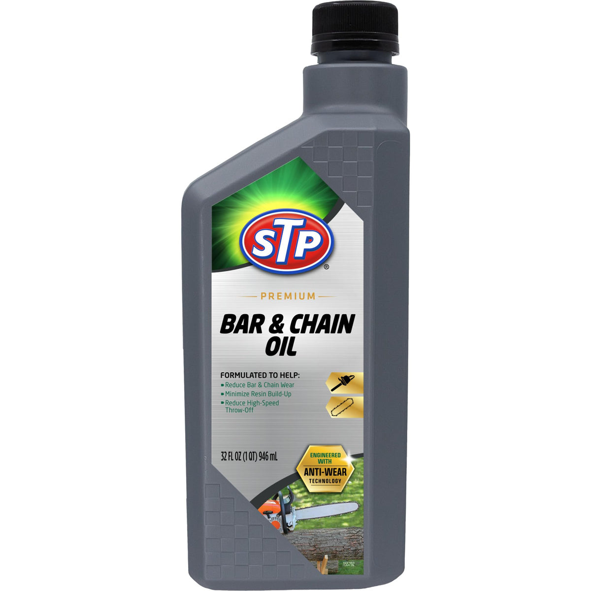STP Premium Bar & Chain Oil bottle front showing ready-to-use lubrication for chainsaw care