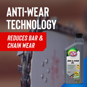 STP Premium Bar & Chain Oil pour angle illustrating easy application for immediate use
