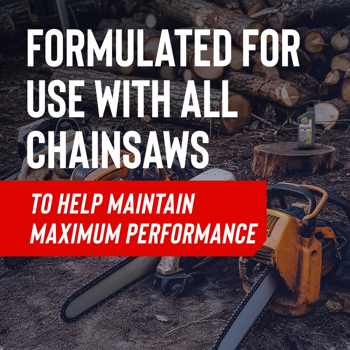 STP Premium Bar & Chain Oil on a saw bar helps minimize resin buildup