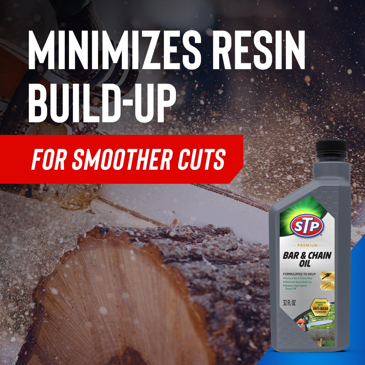 STP Premium Bar & Chain Oil on a saw bar and chain supporting smoother operation