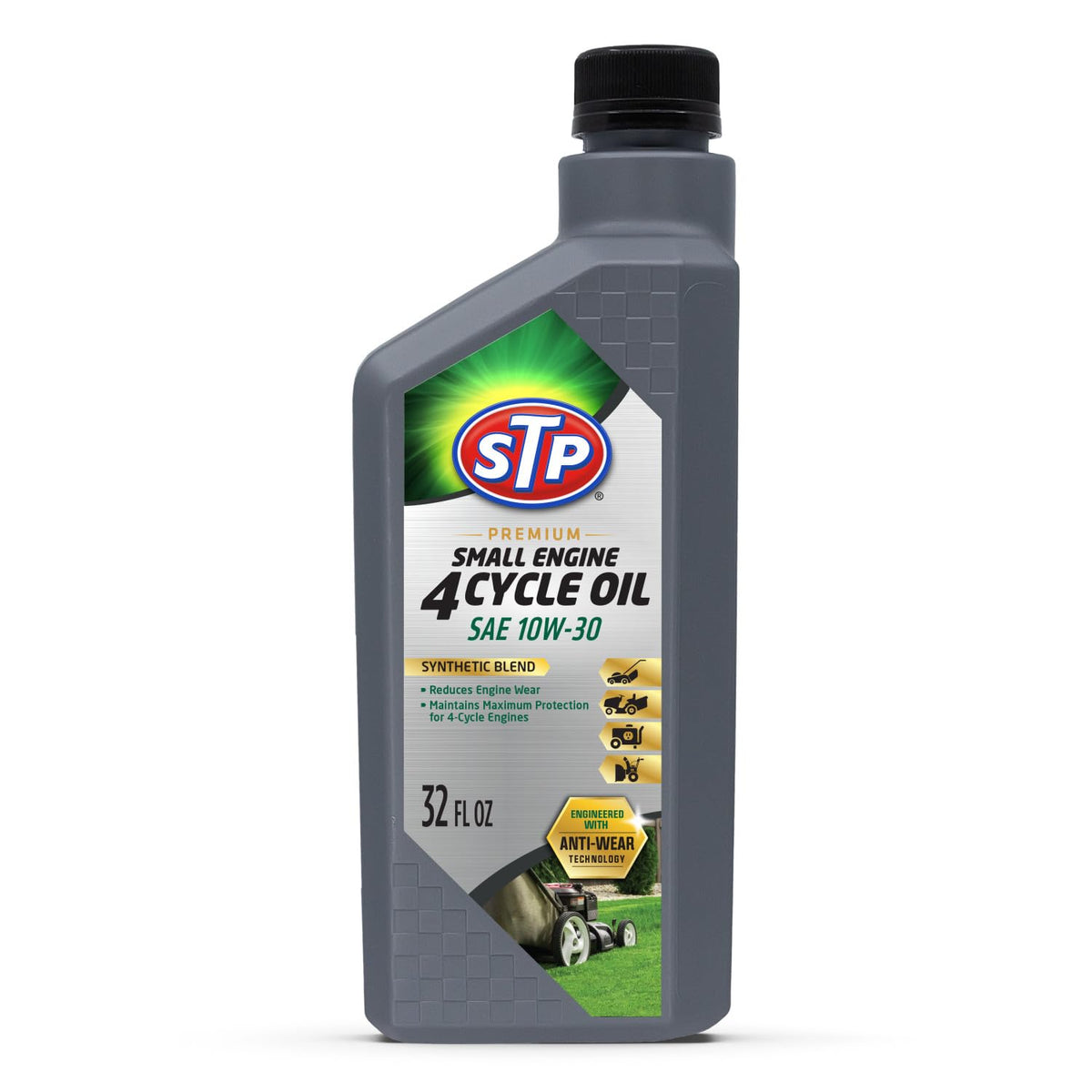 STP Premium Small Engine Oil bottle pouring to start engines smoothly.