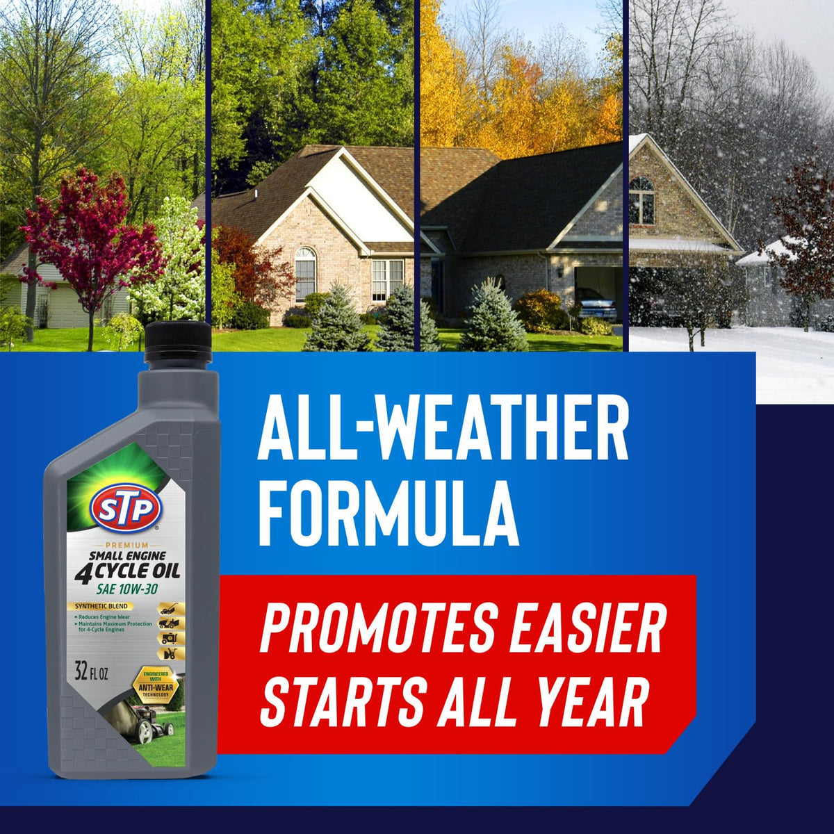 All-weather STP oil bottle highlights heat endurance for small engines.