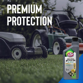 Lawnmower usage scene with STP oil for reliable starts.