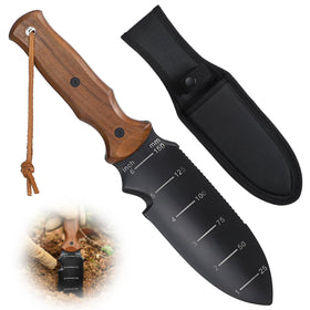 STRFOG Hori Hori knife blade close-up shows precise edge and depth marks for planting