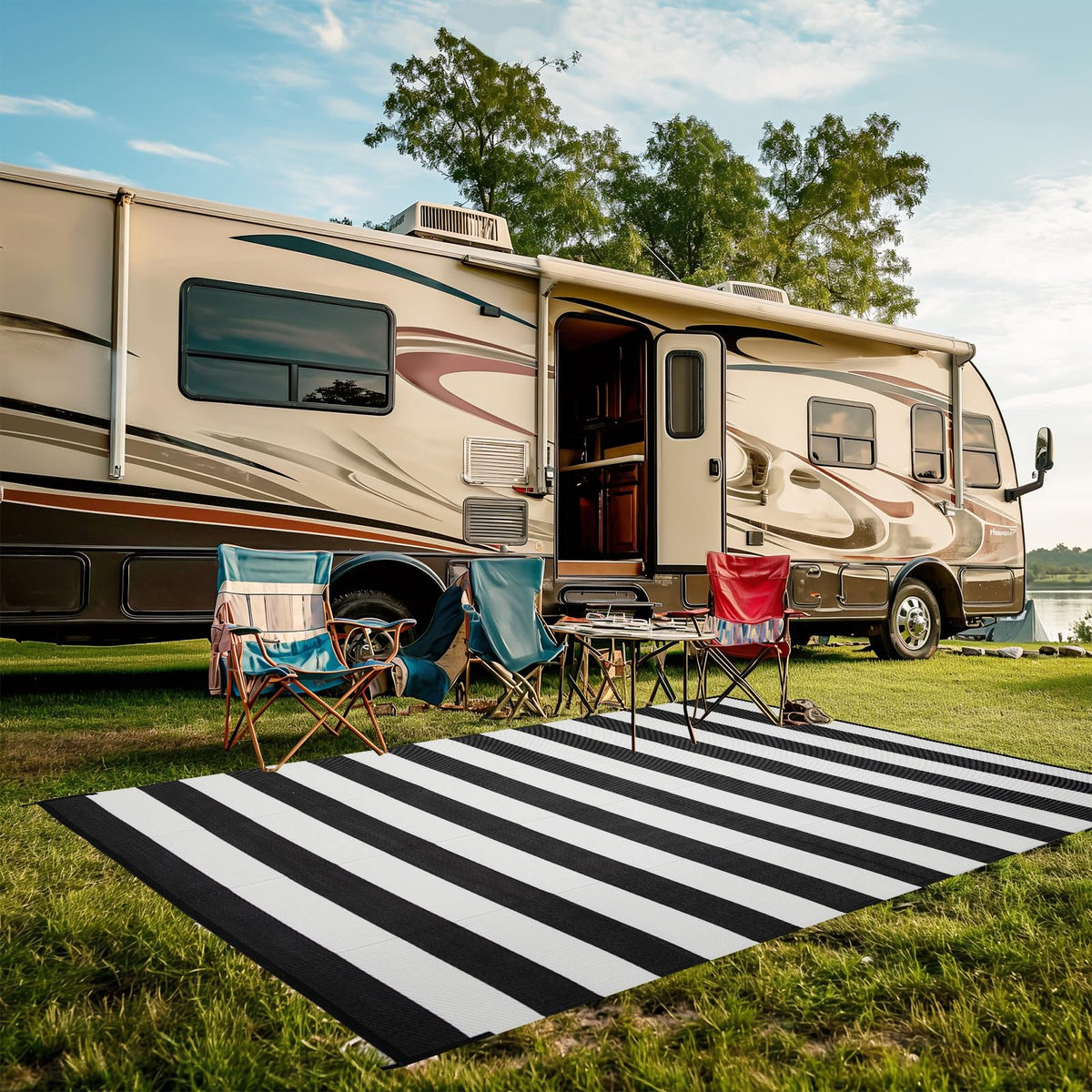Strickland Home weather-resistant rug suitable for patios and beaches.