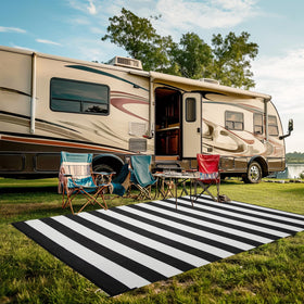 Strickland Home weather-resistant rug suitable for patios and beaches.