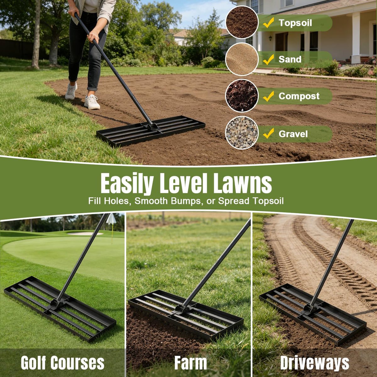 Strifuture lawn leveling rake used on uneven terrain