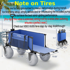 Strolking wagon 10in inflatable wheels provide stable rides on sand and grass.