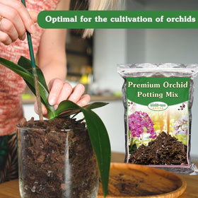 Stroller orchid potting mix packaging highlights ingredients for convenient repotting