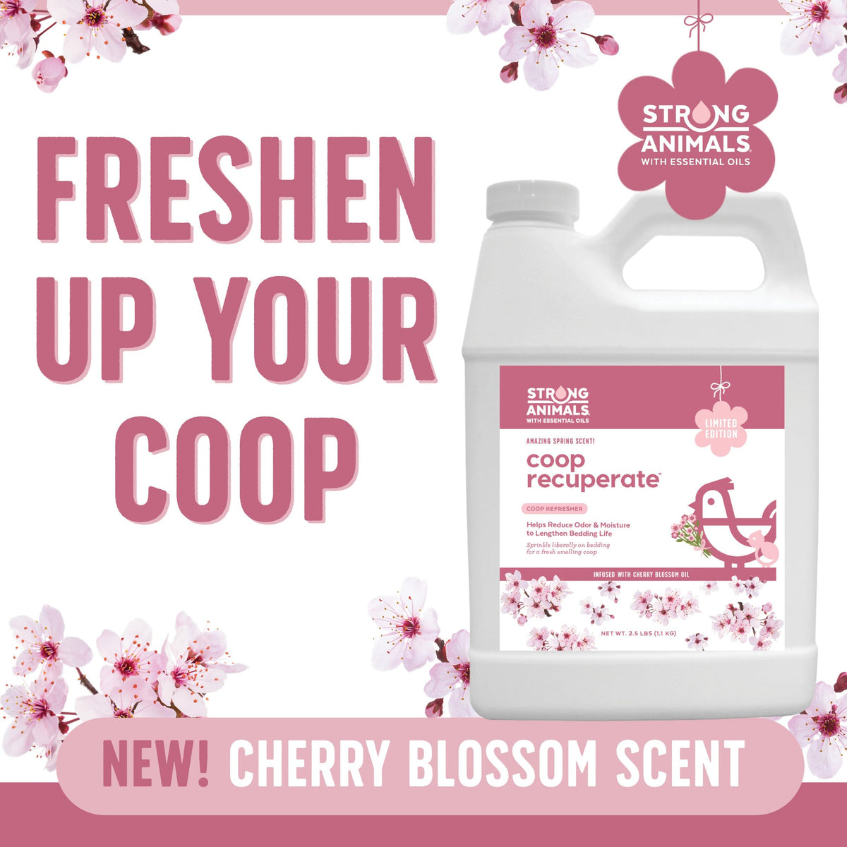 Strong Animals Coop Recuperate Cherry Blossom extends bedding life by absorbing moisture