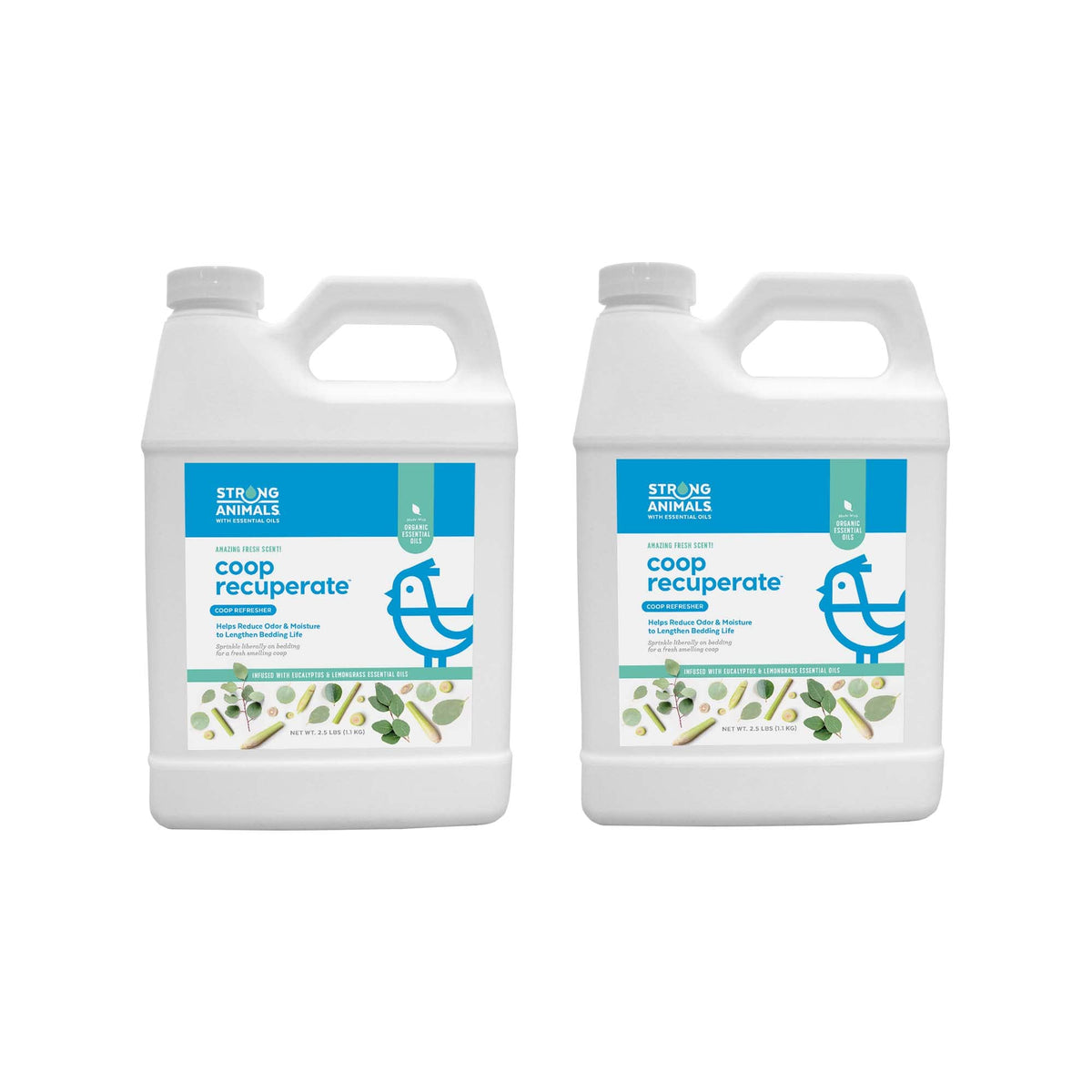 Strong Animals Coop Recuperate two-pack jugs ready for fresh coop scent and odor control.