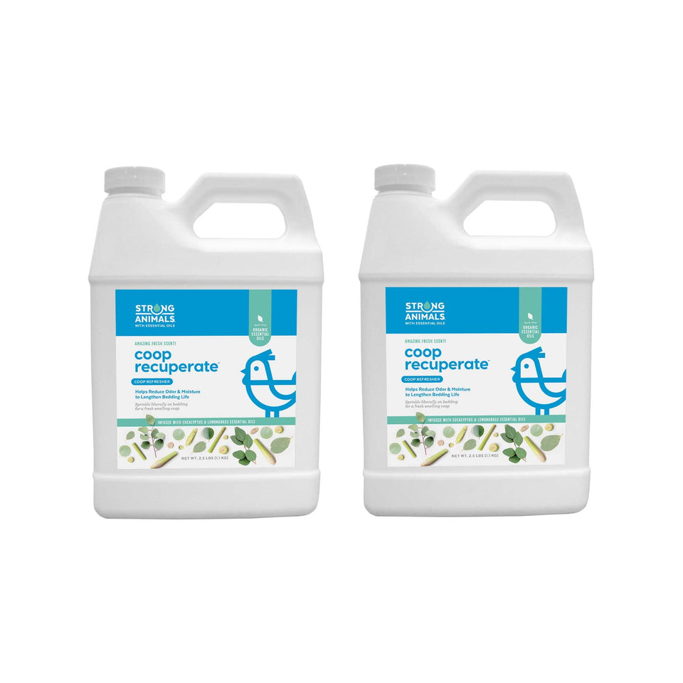 Strong Animals Coop Recuperate two-pack jugs ready for fresh coop scent and odor control.