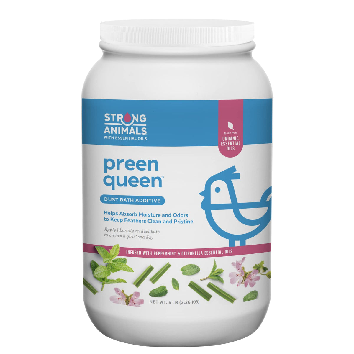Strong Animals Preen Queen dust bath jar on a shelf for feather cleanliness
