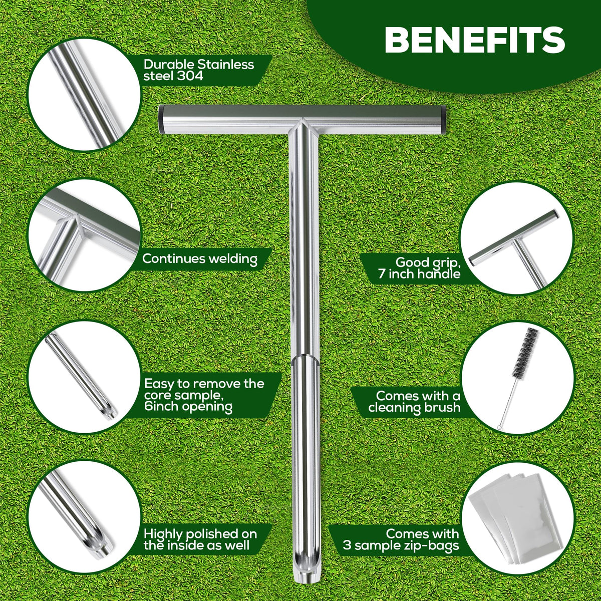 SturdyShape tapered-tip probe enables easy soil collection with minimal disturbance