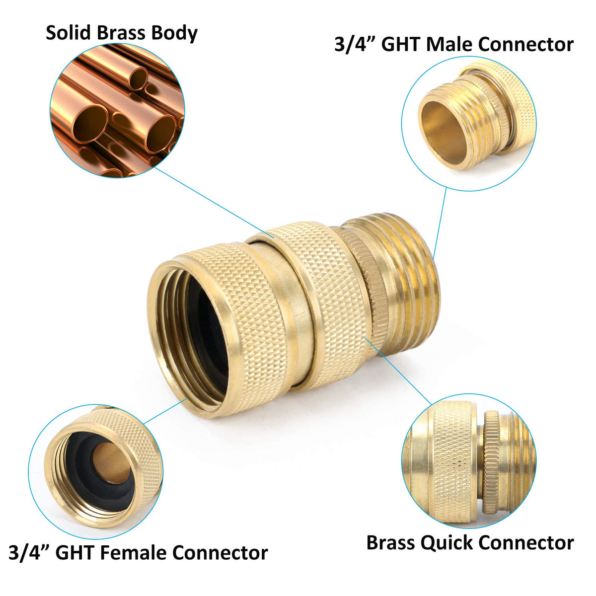 Close-up of STYDDI male connectors highlighting full-port design for steady water flow.